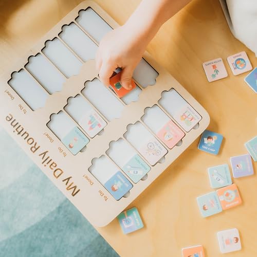 Image of Wooden Toddler Routine Chart Ages 3-6 - Daily & Bedtime Routine Chart for Toddlers, Visual Schedule Board for Kids, Montessori-Inspired Visual Schedule for Kids Daily Routine