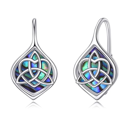 Celtic Trinity Knot Earrings for Women 925 Sterling Silver Triquetra Knot Leverback Abalone Shell Irish Jewelry Tree of Life Gift
