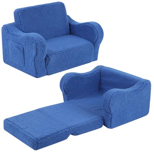 Image of MOMCAYWEX Kids Chairs for Toddler, 2-in-1 Toddler Soft Sherpa Couch Fold Out, Convertible Sofa to Lounger for Girls and Boys, Sky Blue