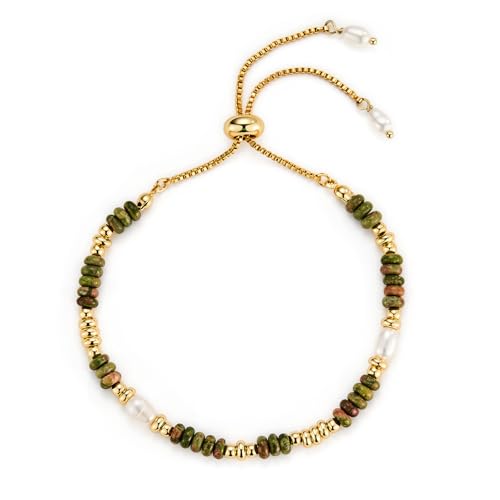 Cicy Bell Beaded Bracelets for Women, 14k Gold Plated Apatite Boho Bracelets, Epidote Shell Pearl Bracelets, Trendy Jewelry Gifts for Lover Mom Friends