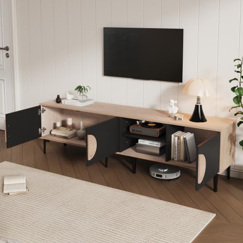 Merax Mueble para TV de 180 x 35 x 49 cm, armario bajo para televisor de 80 pulgadas, armario para televisión con 2 armarios y estantes abiertos, color madera natural y negro, soporte de TV para salón