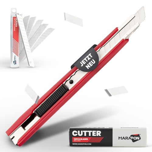 MARAPON® Cuttermesser Profi mit 10 Klingen | extra robustes Teppichmesser | Taschenmesser mit abbrechbaren Klingen | Cutter Werkzeug für den professionellen Einsatz | Arbeitsmesser klein