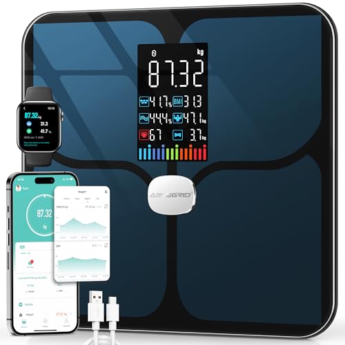 ABLEGRID Wiederaufladbar Körperfettwaage, LED Personenwaage Digital Mit Körperfett Und Muskelmasse Körperfettanalyse, 16 Messungen Der Körperzusammensetzung BMI, Herzfrequenz, 180kg, Schwarz 1