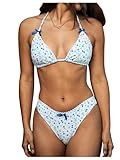 GORGLITTER Women's Bow Bikini Set Floral Halter Triangle Top and High Cut 2 Piece Swimsuit Bathing Suit Blue X-Small