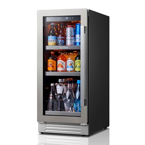 CaLefort Beverage Refrigerator 15 Inch 100 Cans Mini Fridge with Double Glass Door Built-in or Freestanding Drink Cooler with Amber LED Light Beverage Fridge for Kitchen Bar Office(Left-Hinged)