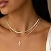 Robaice Cross Necklace for Women 14K Gold Plated Crown Cross Pendant Necklace Simple Gold Necklaces Faith Cross Jewelry First Communion Necklace, Herringbone Chain Set