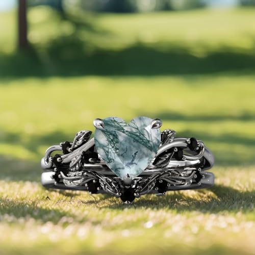 Natural Heart Moss Agate Engagement Black Ring Set for Women 925 Sterling Silver Genuine Green Moss Agate Bridal Rings Set for Her Moss Agate Promise Wedding Ring Set, balck3