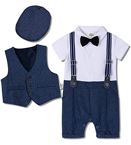 Image of A&J DESIGN 4pcs Baby Boys Suit, Gentleman Outfits 3 Months - 18 Months, Romper & Vest & Berets Hat & Bow Tie