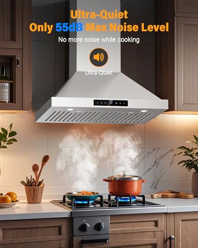 30 Inch Wall Mount Range Hood 1200CFM, 4-Speed Smart Wall Mount Range Hood with Touch Sensor & Remote, Dual LED Lights, Baffle Filters Ducted/Ductless Convertible Pro Series
