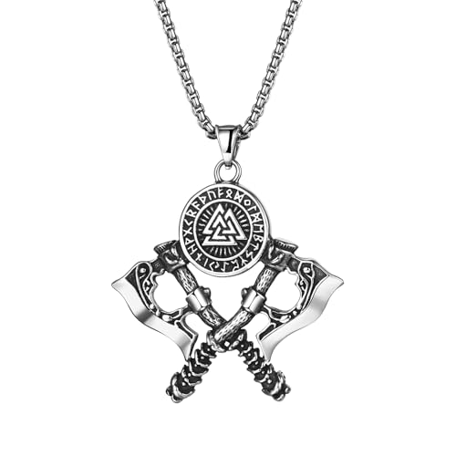 JewelryWe Wikinger Axt Halskette Herren: Edelstahl Valknut Rune Doppelaxt Anhänger Kette Nordische Mythologie Odin Krieger Amulett Vintage Piraten Schmuck Geschenk für Männer Silber
