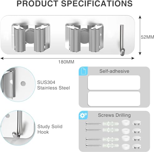Image of Enclave Stainless Steel Mop and Broom Holder Wall Mounted Adhesive Storage Solutions for Broom mop etc, Garage Storage Systems Broom Organizer. (2 RACK 1 HOOK /SILVER, PACK OF 2)