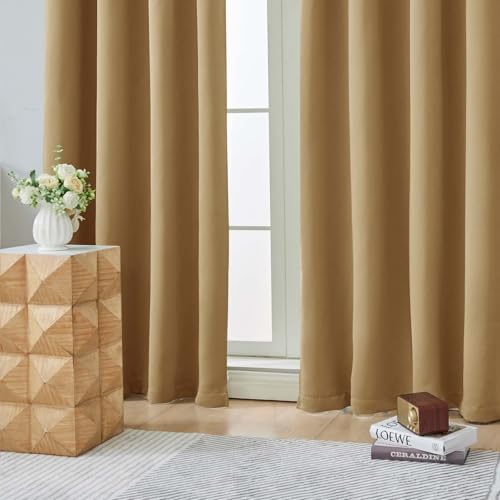 Image of Aiyufeng Gold Short Blackout Curtains for Bedroom 45 Inches Long 2 Panels Set, Solid Thermal Insulated, Energy Saving Window Treatment Curtains Blackout Drapes, W40 x L45 Inch, Gold