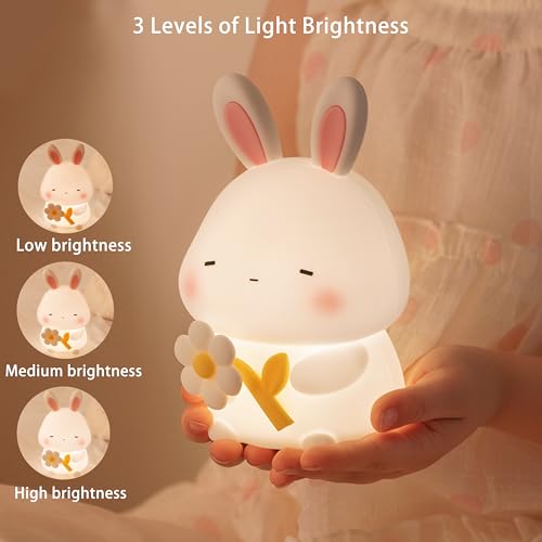 Image of Led Cute Flower Bunny Night Light, Dimmable Timer Kawaii Lamps, Super Squishy Silicone USB Rechargeable Touch Control Night Lamp, Used for Camping Party Room Decor (Bunny with Flower)