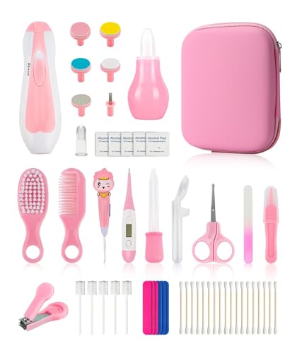 Baby Grooming and Healthcare Kit, Portable Baby Safety Care Set with Hair Brush Comb Nail Clipper Nasal Aspirator for Nursery Newborn Infant Girl Boy (27 in 1, Pink)