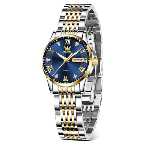 OLEVS腕時計 レディース オシャレビジネス ウオッチ 防水 夜光 アナログ腕時 計青 女性 Women Watch 人気 レディース腕時 計 アナログクオーツ 日付 曜日 ゴールドシルバー ステンレスバンド ブルー文字盤 おしゃれ 軽量 うで時計 Ladies Watch プレゼント