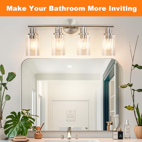 Image of DLLT 4-Light Bathroom Light Fixtures: Nickel Modern Vanity Lights with E26 Bulbs - Clear Glass Shade Bathroom Wall Lamp for Mirror Kitchen Living Room Hallway Cabinet Porch