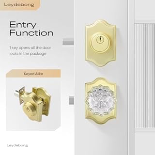Leydebong 1 Pack Gold Crystal Glass Door Knob & Deadbolt Lock Set - Keyed Alike, Heavy Duty Entry Door Knob & Single Cylinder Deadbolt Combo for Front Doors, Offices, Satin Brass Finish