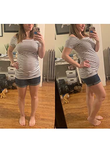 Love2Mi Maternity Tops Off Shoulder Short Sleeve Side Ruched Pregnance T-Shirt White Black Stripe #TOP3