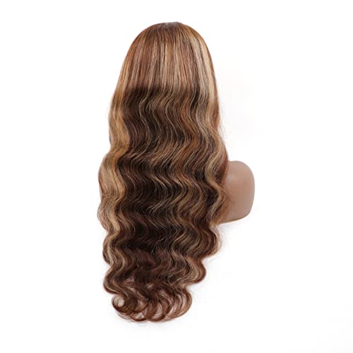 Bly 13X4 Hd Transparent Lace Front Wigs 250% Density Ombre Highlight Human Hair Wig 16 Inch Body Wave Dark Brown To Blonde 4/27 Colored Hair Pre Plucked Glueless Wig For Black Women #TOP2