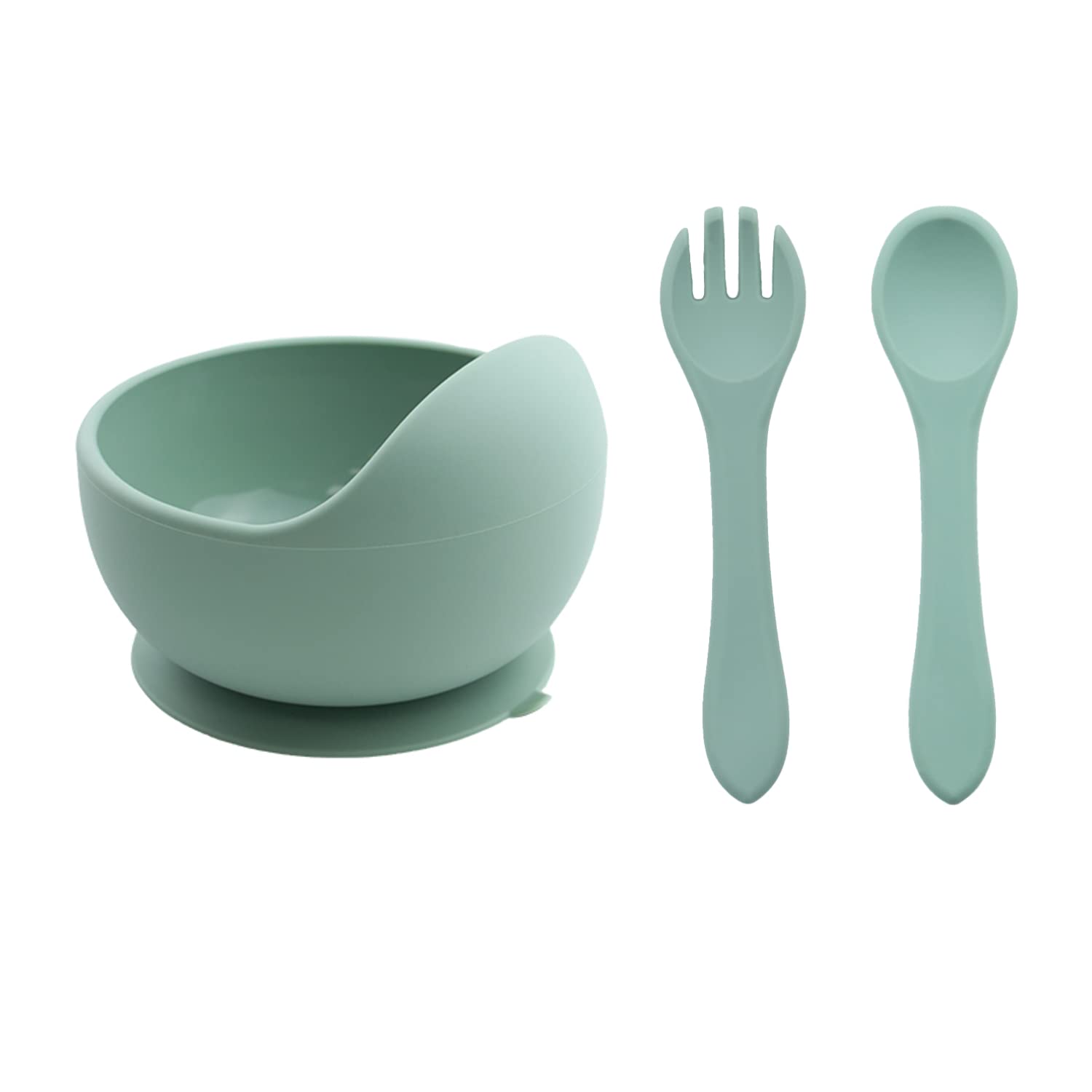 Silicone Meal Bowl with Spoon & Fork Set for Baby/Toddler/Kids Silicon Spoon & Fork BPA Free Weaning Non-Slip Suction Unbreakable Feeding Bowl (1 Bowl, 1 Spoon and 1 Fork, Sage)-image-7