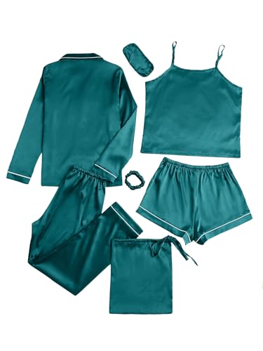 Image of LYANER Women's Silky Satin Pajamas Set | Collar Button Down Long Sleeve Shirt Sleeveless Cami Elastic Waist Shorts and Pants Sleepwear Loungewear 7pcs Pjs Set