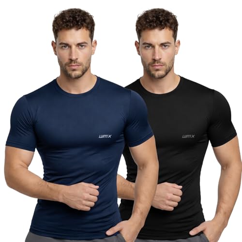 Image of WMX Pack of 2 Men Compression Gym T-Shirt | Men Half Sleeve Tshirt Sports Wear for Running Yoga Training | Breathable Stretch Compression Wear for Men & Boys (in, Alpha, 2XL, Regular, Black+Navy)