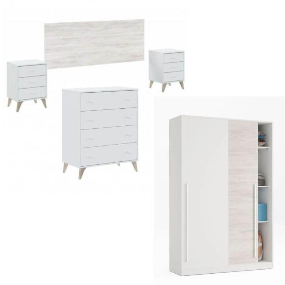 Mobelcenter, Conjunto Dormitorio Sweet, Color Blanco Artik y Blanco Velho, Cabezal para Camas de 135 y 150 cm, 2 Mesitas de 3 cajones, Armario 2 Puertas Correderas y Cómoda de 4 cajones (P0077)