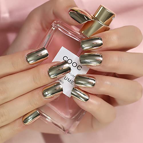 Metallic Silver Golden Press on Nails Short Square Acrylic False ...