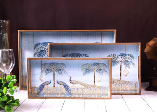 Image of Rectangular Wooden MDF Serving Trays Set of 3 (16x10, 14x8, 12x6 Inches) - Enamelled Finish with Easy-Grip Handles, Perfect for Dining, Tea, Snacks & Home Decor (Blue Peacock)