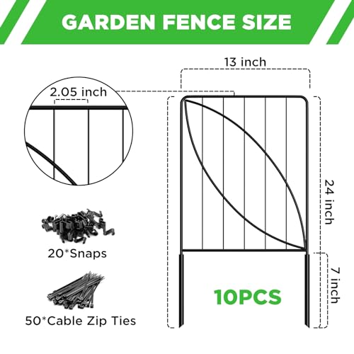 UIRWAY 10 Panels Garden Fences and Borders for Dogs - 24in(H) x 130in/10.8ft(L) Garden Fencing Animal Barrier which No Dig Fence with Snaps and Cable Ties, Rustproof Metal Fence for Outdoor Yard