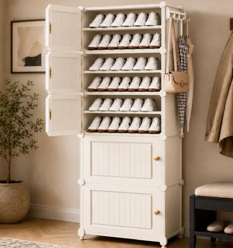 Image of Mevigo Plastic Shoe Rack for Home with Door | 10-Tier Stackable Shoe Organizer | Holds 20 Pairs |Waterproof & Dustproof | DIY Modular Shoe Cabinet |Chappal Slipper Stand for Bedroom-White-HY2