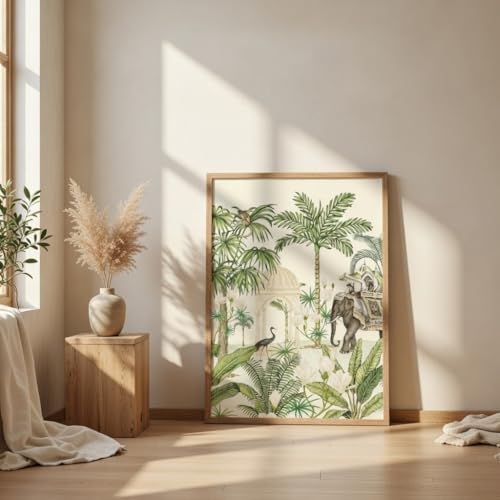 Image of Livin'luxe Tropical Elephant Palace Wall Art with Wooden Frame | Vintage Botanical Jungle HD UV Laminated Print on MDF | Elegant Nature Decor for Living Room Bedroom Office 13.5 x 19.5 Inch