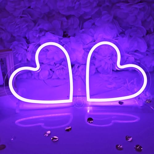 Image of SYLHOME 2 Pack Heart Purple Led Neon Light Sign Battery Operated or USB Powered Bedroom Wedding Wall Sign Decor Valentines Day Christmas Birthday Gifts USB 7.87 inch X 7.28 inch