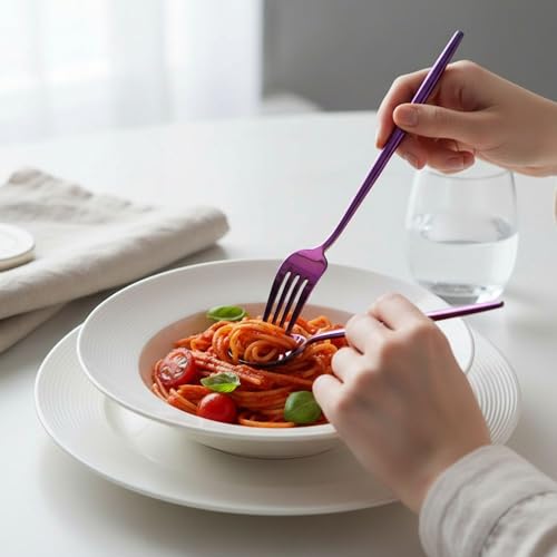 Image of Slim Handle Pink 10 Pcs Stainless Steel Cutlery Set for Dining Table, Dishwasher Safe Glossy Flatware (2 Spoon Set+2 Forks Set+2 Butter Knife+2 Dessert Spoon+ 2 Fruit Fork)