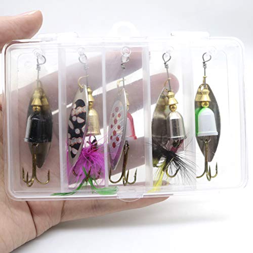 Enjoyfishing 5Pcs Fishing Spinner Bait Lure With Tea Color Treble Hook For Bass Salmon Trout Metal Hard Lure Tackle Box Packed #TOP3
