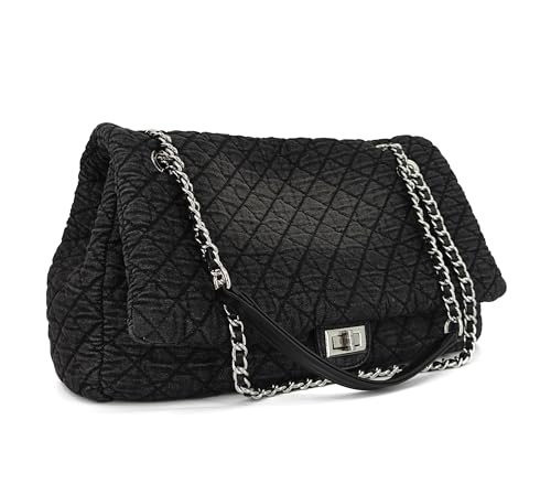 Image of M-ioi-M Extra Large Quilted Denim Purse,Oversize Shoulder Bags for Women, Crossbody Flap Hobo Tote Bag,Chain Strap Jean Purse