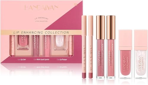 6PCS Lip Combo Set – Matte Liquid Lipstick, Lipliner & Lip Plumper Kit, Long-Lasting Moisturising Lipstick Makeup Gift Set for Fuller Lips, Nude & Pink Shades(# 01)