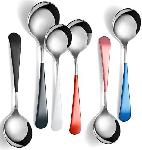 Stainless Steel Round Spoons Set of 6 Heavy Duty Chinese Soup Spoons Mirror Polished Asian Soup Spoons for Bouillon Dinner Dessert Cereal (Silver Handle)