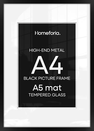 Image of Homeforia A4 Black Picture Frame, High-End Metal, A5 Mat, Glass | High End Aluminum, Tempered Glass, Acid-Free A5 Removable Mat, A4 Edge-to-Edge Display, Wall Kit, Set Of 1