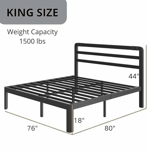 Image of ZIYOO 18 Inch King Black Metal Bed Frame with Headboard, 1500LBS Reinforced Platform Bed, Noise Free Steel Slat Support, No Box Spring Needed, Easy Assembly, Perfect for Bedroom Guest Room Hotel