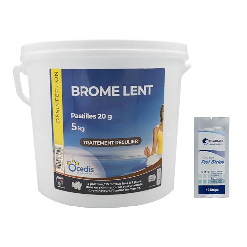 OCEDIS Brome Lent Pastilles 20g - 5kg | Désinfection Régulière - Dissolution Lente + 10 Tests HPS OFFERTS 6 en 1