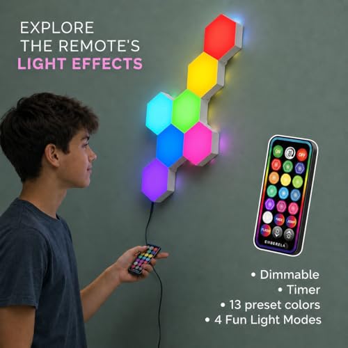 Image of Emberela HEXlights Sensory Lights for Teens - 7pk Touch Hexagon Lights, Remote Controlled - Autism-Friendly Tap Tap Wall LED Panels for Sensory Room - Table Stand Included