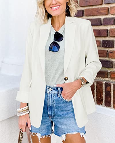 Newffr 2023 Women's Blazers Casual Open Front Long Sleeve Lapel Collar Work Office Jacket Summer Outwear White #TOP1