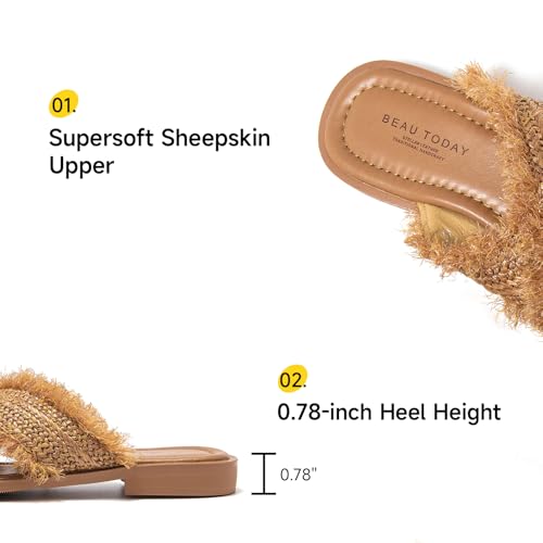 BEAU TODAY Raffia Sandals Women, Slide Sandals for Women, Genuine Leather Flat Slides Sandals, Open Toe Comfort Beach Casual Dressy Slides for Summer Vacation4