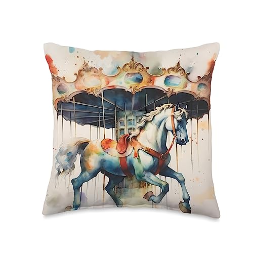 Fairground Carousel With Horse Amusement Park Horse On Carousel Ride Throw Pillow, 16x16, Multicolor