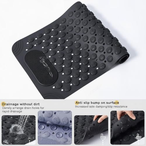 Image of Charge -X Anti Slip Bath Mat with Foot Scrubber for Bathroom | 2-in-1 Silicone Shower Mat with Suction Cups & Drainage Holes | Deep Cleaning Foot Scrubber Massage Mat (70 x 35 cm) Black