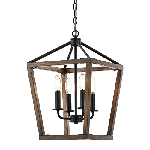 4 Lights Farmhouse Kitchen Island Lighting,Dining Room Black Wood Chandelier,Rustic Lantern Pendant Lighting For Hallway Foyer Entryway.e12 Bulb,12.6”*H18.1”, Height Adjustable. #TOP6