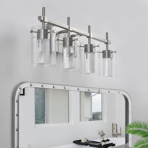 Image of 4-Light Brushed Nickel Vanity Light with 3 Color Modes (3000K /4000K /6000K), Eye Protection LED Bathroom Light Fixture, Dimmable Modern Wall Light Over Mirror with Clear Glass Shade