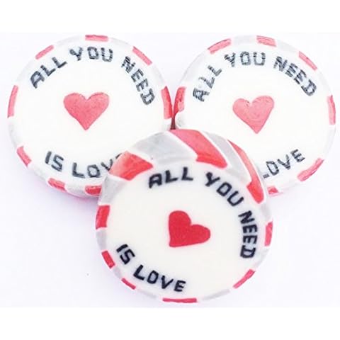 100 x Red & Silver Wedding Favour Wrapped Rock Sweets with All You Need is Love. Fruits of The Forest Flavour Cover