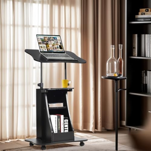 powerstone sit to stand mobile lectern teacher podium portable height adjustable podium stand rolling laptop desk cart with storage shelf swivel top for classroom concert church